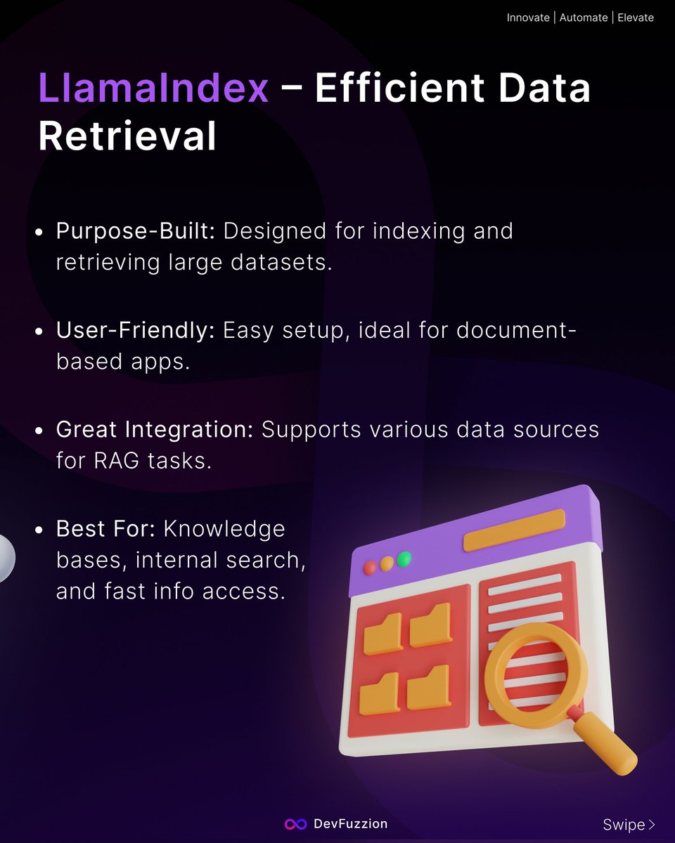 devfuzzion's tweet image. LangChain vs LlamaIndex:
LangChain = complex workflows & agents.
LlamaIndex = fast, accurate data retrieval for RAG.
Choose based on your AI project’s needs.
#LangChain #LlamaIndex #AItools #LLM #ai #virtualassistant #OpenAI #Grok #airevolution