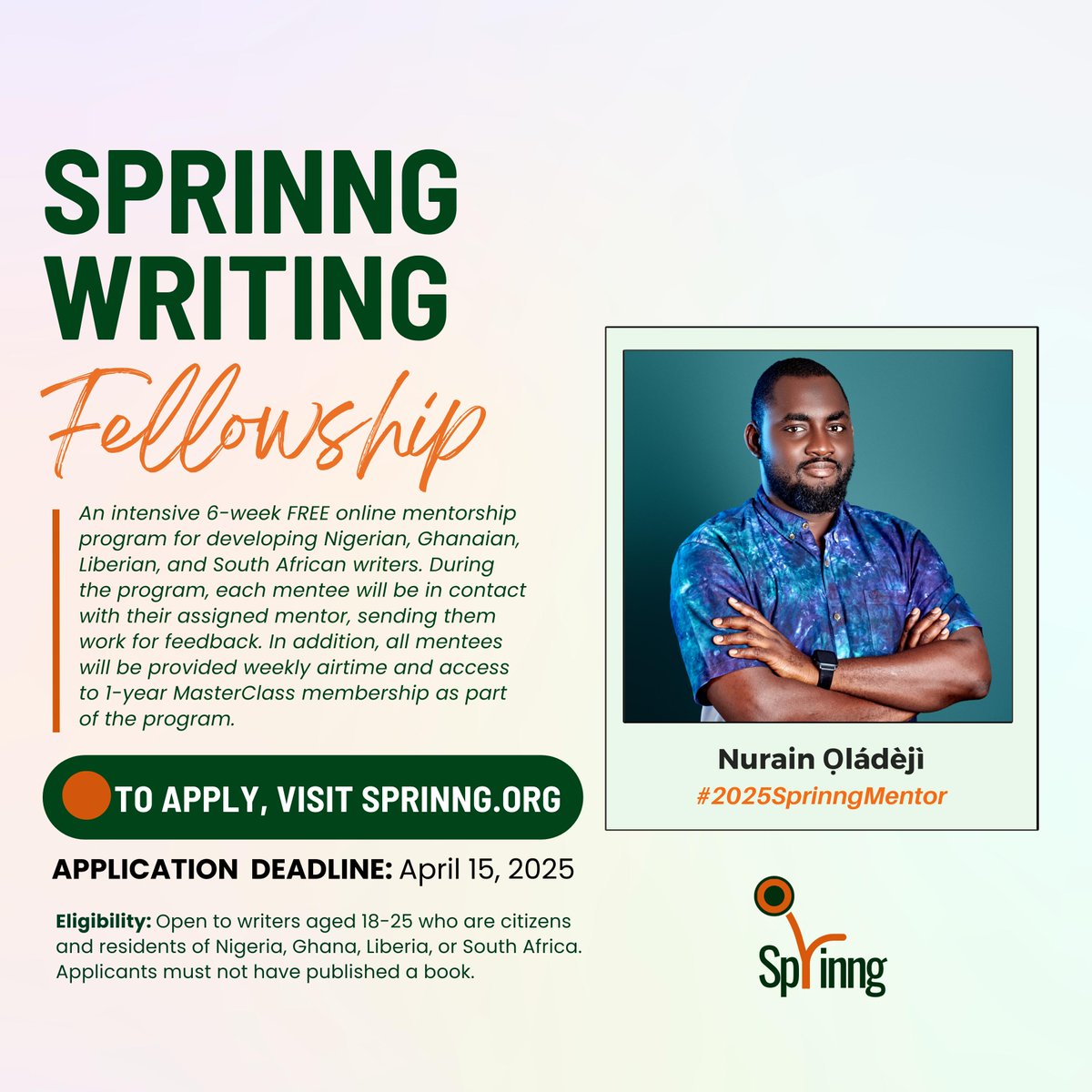 I’ll be serving as a mentor at this year’s Sprinng Writing Fellowship by <a href="/SprinngLM/">Sprinng</a>. Check out sprinng.org to learn more and apply for the fellowship. Deadline is April 15, 11:59 PM WAT (less than 48 hours from now).

#2025SprinngMentor
