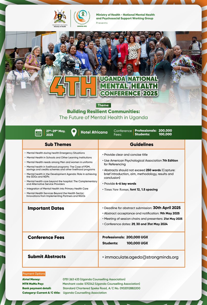Uganda Counselling Association (UCA) (@counsellingug) on Twitter photo Hello counselors, psychologists and all mental health professionals.
Please receive the call for abstracts on the different sub themes that are going to be discussed during this year's Conference.
<a href="/TpoUg/">TPO Uganda</a>
<a href="/MakeStrongMinds/">StrongMinds</a> <a href="/MentalHealth_Ug/">Mental Health Uganda</a>
<a href="/AVSIUganda/">AVSI Foundation Uganda</a>
<a href="/MinofHealthUG/">Ministry of Health- Uganda</a>
#UNMHConf2025 Hello counselors, psychologists and all mental health professionals.
Please receive the call for abstracts on the different sub themes that are going to be discussed during this year's Conference.
<a href="/TpoUg/">TPO Uganda</a>
<a href="/MakeStrongMinds/">StrongMinds</a> <a href="/MentalHealth_Ug/">Mental Health Uganda</a>
<a href="/AVSIUganda/">AVSI Foundation Uganda</a>
<a href="/MinofHealthUG/">Ministry of Health- Uganda</a>
#UNMHConf2025