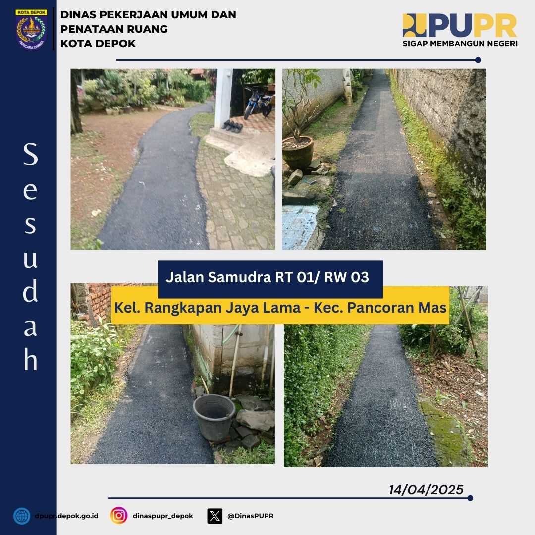 Kegiatan Pemeliharaan Jalan di Jl Samudra RT 01/ RW 03, Kelurahan Rangkapan Jaya Lama, Kecamatan Pancoran Mas

cc : <a href="/bangsupians/">Supian Suri</a> <a href="/pemkotdepok/">PEMERINTAH KOTA DEPOK | #AyoPakaiMasker</a>