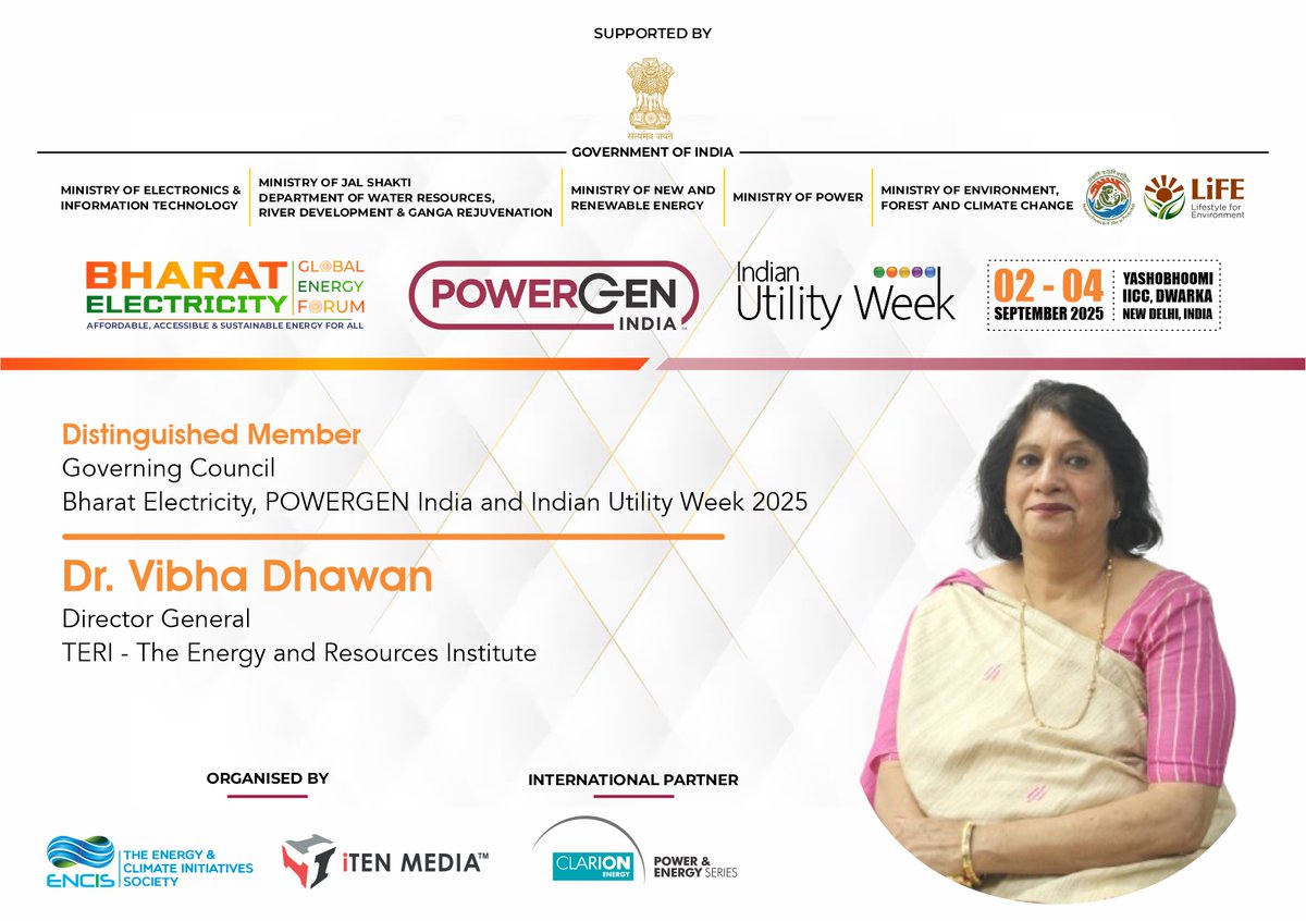 Bharat Electricity (@bharat_elec) on Twitter photo We are honored to welcome Dr. Vibha Dhawan, DG,
<a href="/teriin/">TERI</a>, as a Distinguished Member of the Governing Council for <a href="/Bharat_Elec/">Bharat Electricity</a>, <a href="/PowerGenIndia/">POWERGEN India</a>
& <a href="/IndianUtilityWk/">Indian Utility Week</a>.
π
2-4 Sep 25
πYashobhoomi IICC, New Delhi
π powergen-india.com We are honored to welcome Dr. Vibha Dhawan, DG,
<a href="/teriin/">TERI</a>, as a Distinguished Member of the Governing Council for <a href="/Bharat_Elec/">Bharat Electricity</a>, <a href="/PowerGenIndia/">POWERGEN India</a>
& <a href="/IndianUtilityWk/">Indian Utility Week</a>.
π
2-4 Sep 25
πYashobhoomi IICC, New Delhi
π powergen-india.com