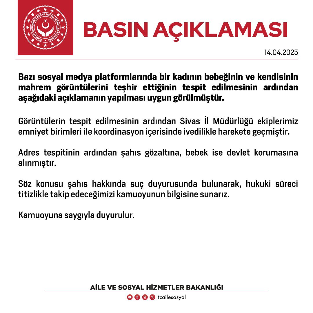 ❗️Bazı sosyal medya platformlarında bir kadının bebeğinin ve kendisinin mahrem görüntülerini teşhir ettiğinin tespit edilmesine ilişkin basın açıklamamız.