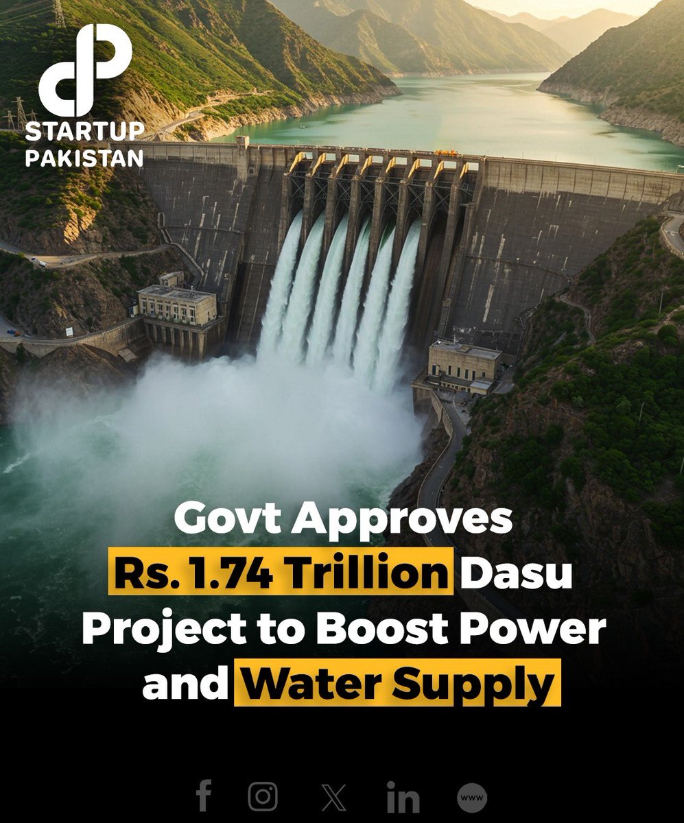 PakStartup's tweet photo. The government has approved the revised Rs. 1.74 trillion Dasu Hydropower Project (Stage-I) to enhance Pakistan’s power generation and water security, referring it to ECNEC for final approval.
#DasuProject #Hydropower #EnergySecurity #WaterSupply #ECNEC https://t.co/ENcAbmz13j