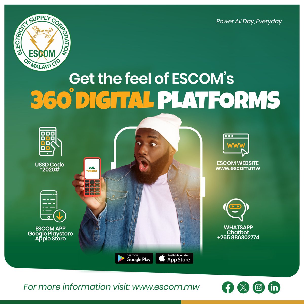 ESCOM_Malawi's tweet image. Lumikizanani ndi ESCOM mosavuta pogwiritsa ntchito 360 Degrees Digital Platforms

&amp;gt; ESCOM Mobile App
&amp;gt; WhatsApp Chatbot - +265 886 302 774
&amp;gt; USSD Code - *2020#
&amp;gt; ESCOM Website - escom.mw

#MobileApp #WhatsappChatbot #UssdCode #EscomWebsite