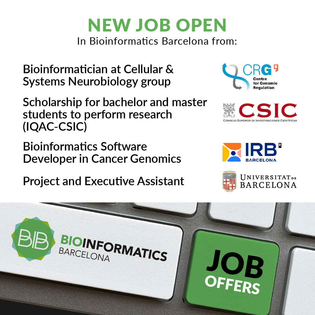 Bioinformatics Barcelona (@bibcn) on Twitter photo This week we have news #jobopportunities from: <a href="/CRGenomica/">Centre for Genomic Regulation (CRG)</a>
<a href="/CSIC/">CSIC</a>
<a href="/IRBBarcelona/">IRB Barcelona</a>
<a href="/UniBarcelona/">Universitat de Barcelona</a>
You can submit your application for this and other available positions through our website bioinformaticsbarcelona.eu/jobs/ #bioinformatics #jobopenings #recruiting This week we have news #jobopportunities from: <a href="/CRGenomica/">Centre for Genomic Regulation (CRG)</a>
<a href="/CSIC/">CSIC</a>
<a href="/IRBBarcelona/">IRB Barcelona</a>
<a href="/UniBarcelona/">Universitat de Barcelona</a>
You can submit your application for this and other available positions through our website bioinformaticsbarcelona.eu/jobs/ #bioinformatics #jobopenings #recruiting