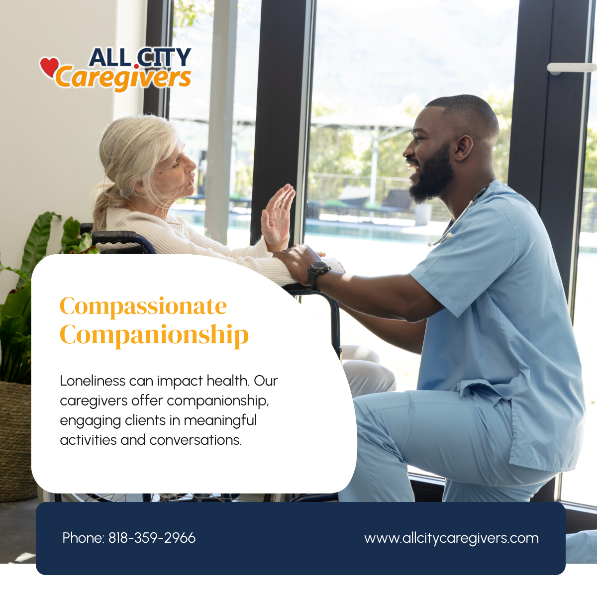 AllCityCareGive's tweet image. Companionship is more than just company; it's about building relationships. All City Caregivers provides compassionate companions to engage your loved ones in meaningful activities, enhancing their quality of life.

#HomeCareServices #SimiValleyCA #SeniorCompanionship