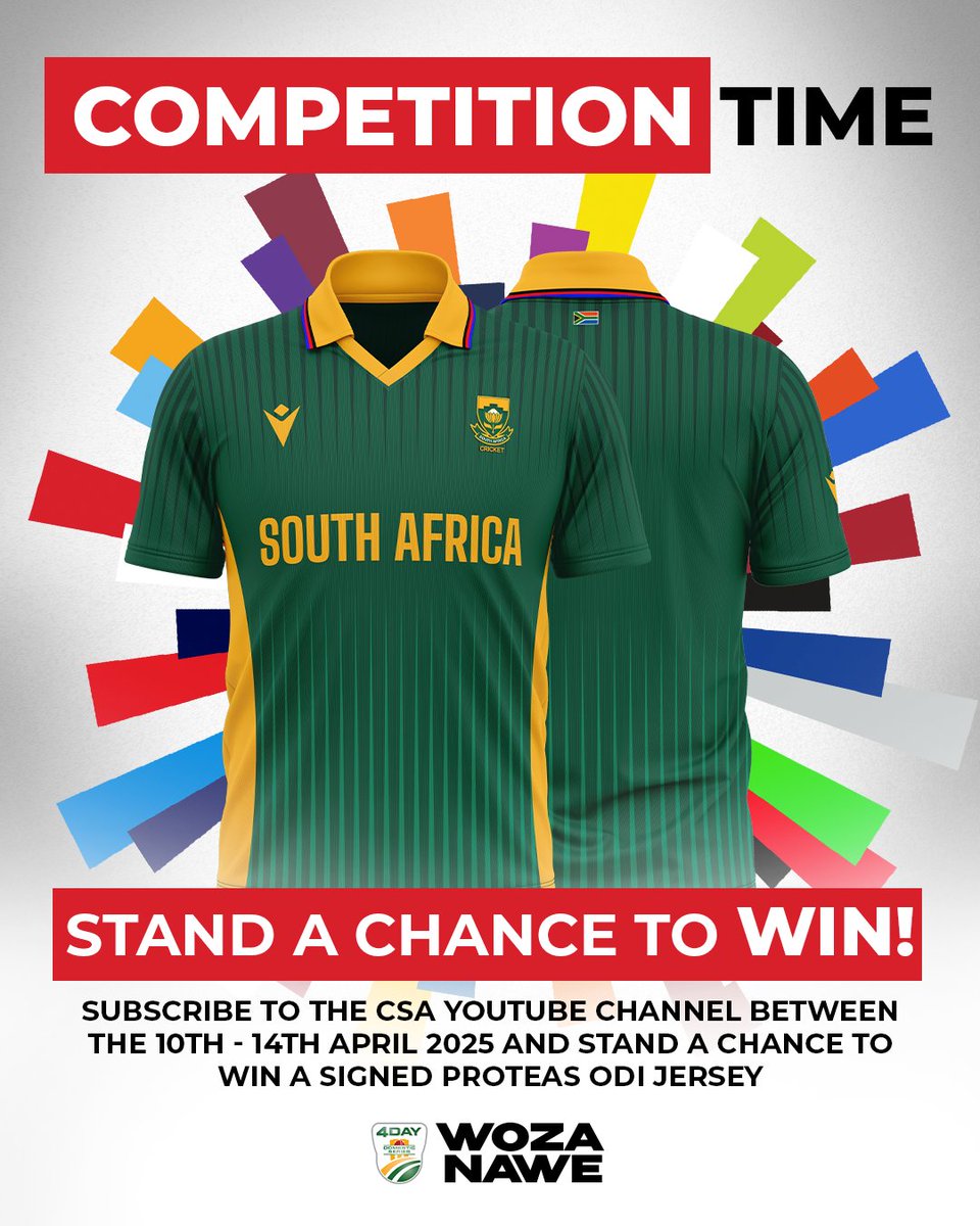 Would you like to WIN a signed Proteas ODI replica jersey? 👕 

Here’s your chance to do so - simply subscribe to the CSA YouTube channel TODAY (14 April 2025), and you could be our lucky winner! 🥇🥳 

T&amp;Cs apply 

📲 youtube.com/@cricketsatv 

#WozaNawe #BePartOfIt