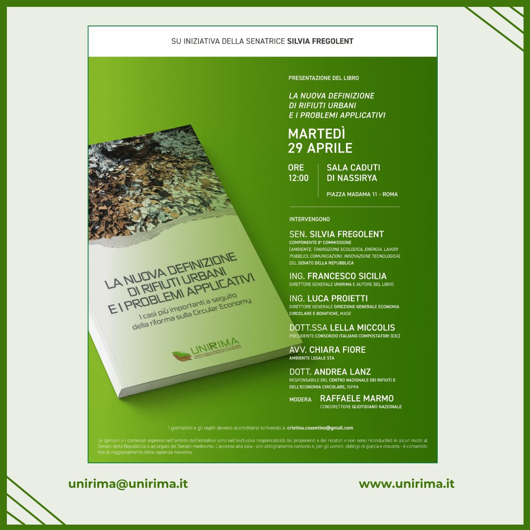 ♻Martedì 29 aprile alle ore 12 al Senato, su iniziativa della sen. <a href="/SilviaFregolent/">silvia fregolent</a>, si terrà la presentazione del libro “La nuova definizione di rifiuti urbani e i problemi applicativi”, autore l'ing. <a href="/SiciliaFra/">Francesco Sicilia</a>, DG di UNIRIMA.

👉Per informazioni: unirima.it/2025/04/09/pre…