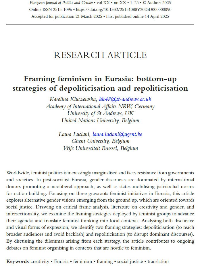 Laura Luciani (@lau_luciani) on Twitter photo 1/3 Super excited to share our research article with Karolina Kluczewska, now published in <a href="/EJPGjournal/">EJPG</a>!🎉
doi.org/10.1332/251510…
DM-me for a copy!
We had shared some of our first findings on <a href="/openDemocracy/">openDemocracy</a> & <a href="/LSEengenderings/">Engenderings</a> 👇
<a href="/GIESGhent/">Ghent Institute for International&European Studies</a> 1/3 Super excited to share our research article with Karolina Kluczewska, now published in <a href="/EJPGjournal/">EJPG</a>!🎉
doi.org/10.1332/251510…
DM-me for a copy!
We had shared some of our first findings on <a href="/openDemocracy/">openDemocracy</a> & <a href="/LSEengenderings/">Engenderings</a> 👇
<a href="/GIESGhent/">Ghent Institute for International&European Studies</a>