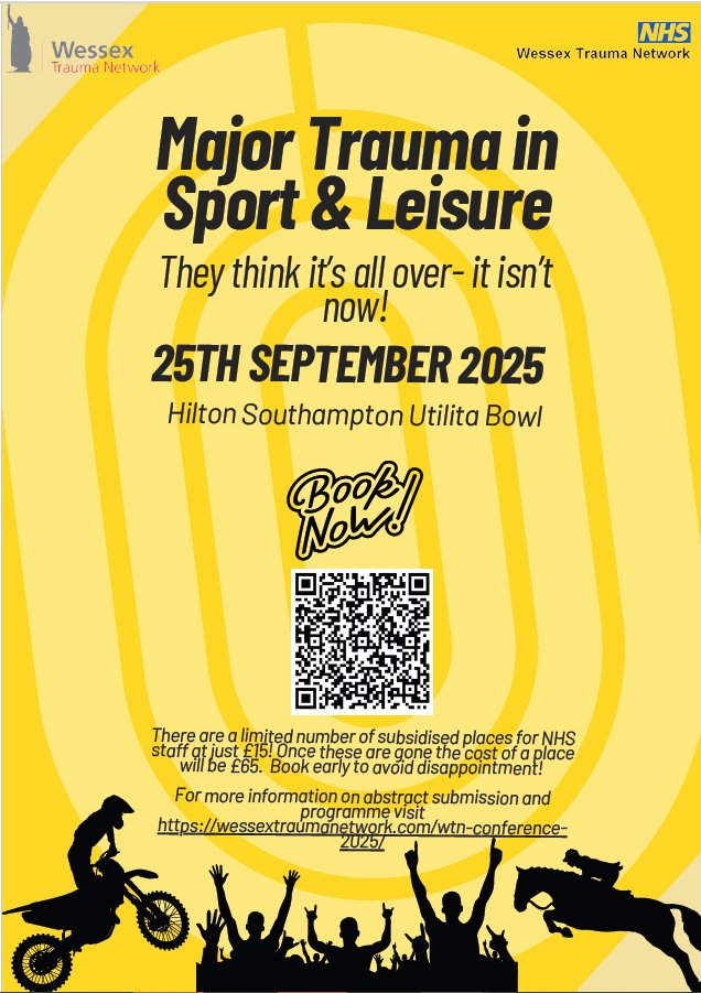 🚨 Save the Date! 🚨 
Join us at the WTN Annual Conference 2025: "Major Trauma in Sport &amp; Leisure: They think it’s all over, it isn’t now" 🏥⚽

📅 25th Sept 2025
📍 Hilton at the Utilita Bowl, Southampton
      Use the QR below for Ticket access!