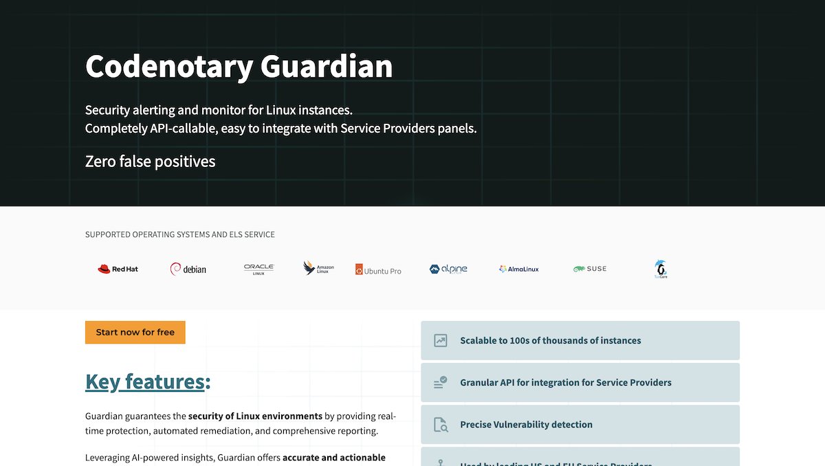 Codenotary's tweet image. Guardian is our scalable, API-powered security solution. Easily integrate with tools like Grafana, Google Sheets & cPanel for real-time, AI-driven alerts & reports. Keep your Linux environments secure: codenotary.com/guardian-for-s… #CyberSecurity #APISolutions