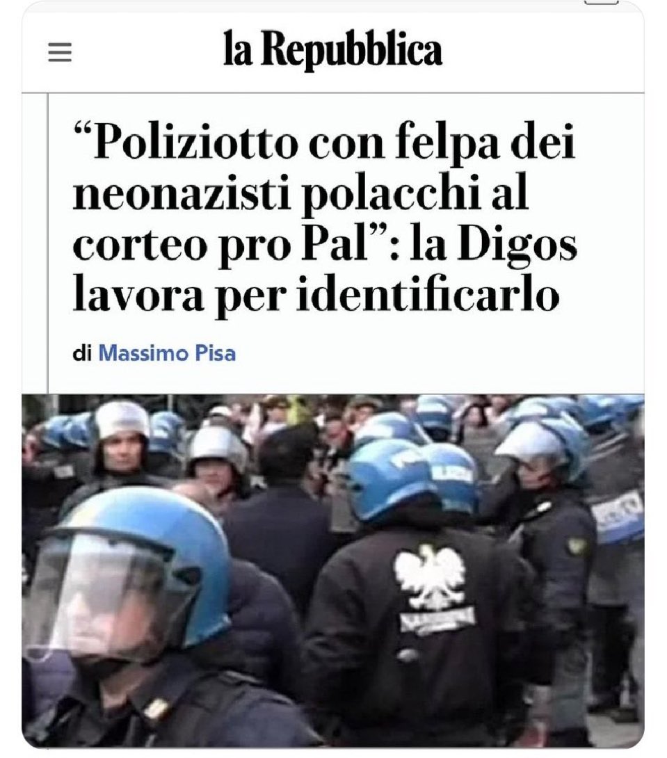 doyaksec's tweet image. #Italy. It ‘seems’ that an Italian #policeman, wearing a #Polish #neoNazi sweatshirt, was ‘present’, on duty, at a demonstration in solidarity with #Palestine. Will his colleagues from the DIGOS find him? This is the news from a #trashy newspaper