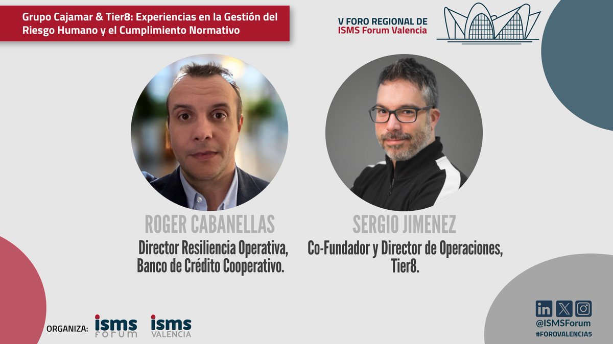 ISMSForum's tweet photo. 3 Ponencias clave en el Foro de Ciberseguridad de Valencia:
1⃣Alejandro Aliaga @ESET_ES
2⃣Roger Cabanellas @Cajamar y Sergio Jiménez @Tier_8
3⃣Richard de la Torre @Bitdefender
¡NO TE LAS PIERDAS!👇
🕗 9:00h  
📍 BIOHUB VLC  
📎https://t.co/pKefqRdc8P
✍️Código invitación: 5FOROVLC https://t.co/vGHqGjRgY6