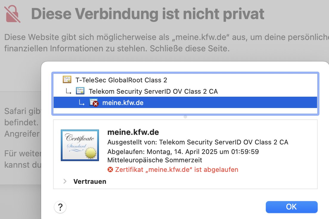 AitschPi (@aitschpi) on Twitter photo Das sollte öffentlichen Einrichtungen wie der <a href="/KfW/">KfW Bankengruppe</a> nicht passieren: Abgelaufene Zertifikate.
Da werde ich wohl die im Portal hinterlegte Nachricht erst später lesen können.
#kfw #https #sicherheit Das sollte öffentlichen Einrichtungen wie der <a href="/KfW/">KfW Bankengruppe</a> nicht passieren: Abgelaufene Zertifikate.
Da werde ich wohl die im Portal hinterlegte Nachricht erst später lesen können.
#kfw #https #sicherheit