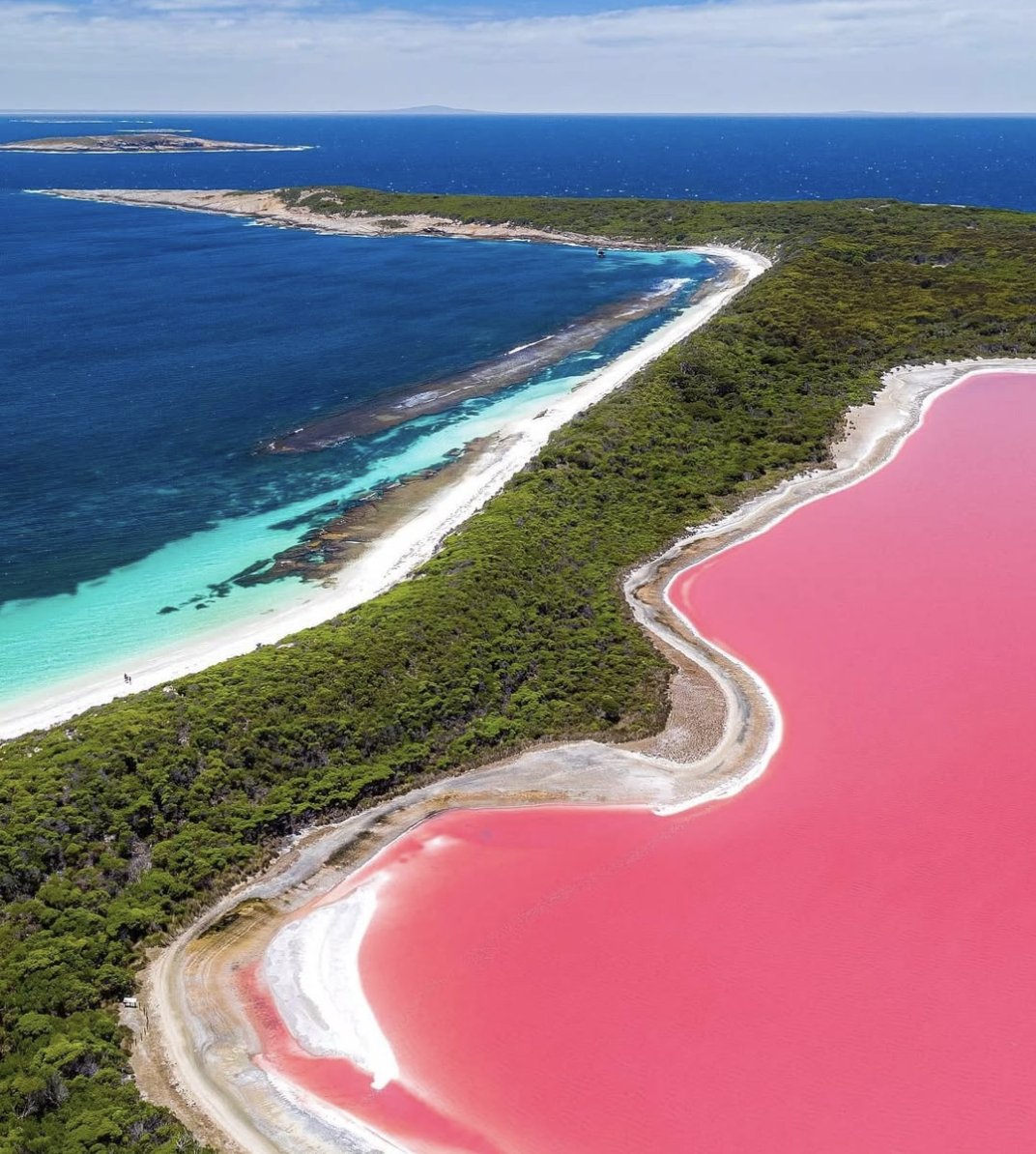 No, this isn't photoshopped, this is a real lake in Esperance, Western Australia.

The lake gets this colour due to the high salt content, which allows a special algae called Dunaliella salina to thrive. 

It produces beta-carotene (yep, like in carrots), which turns the water