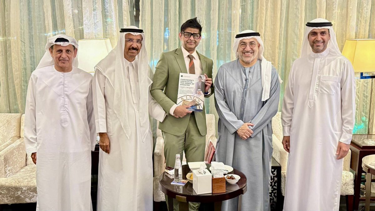 dr_metta's tweet photo. It is a great honor  to present *my book, "Parkinson’s Unfolds: Sands of Emirates" how all it started at King’s Dubai (the first-ever book on Parkinson's in the Emirates* to His Excellency Abdulrahman Mohamed Al Owais, the honourable Minister of Health and Prevention (MOHAP) and His Excellency Awadh Seghayer Al Ketbi , Director General of the Dubai Health Authority (DHA), His Excellency Salem Alowais, His Excellency Mohammad Ahmad Al Murr, Chairman of the Mohammed Bin Rashid Al Maktoum Library Foundation and ex Speaker of the UAE Federal National Council, 
*I  was deeply touched by His Excellency's gesture to showcase my book at the Mohammed Bin Rashid  Al Maktoum Library* while also being moved by His Excellency's kind words of appreciation for the work we are doing at King’s Dubai Parkinson’s Centre of Excellence.