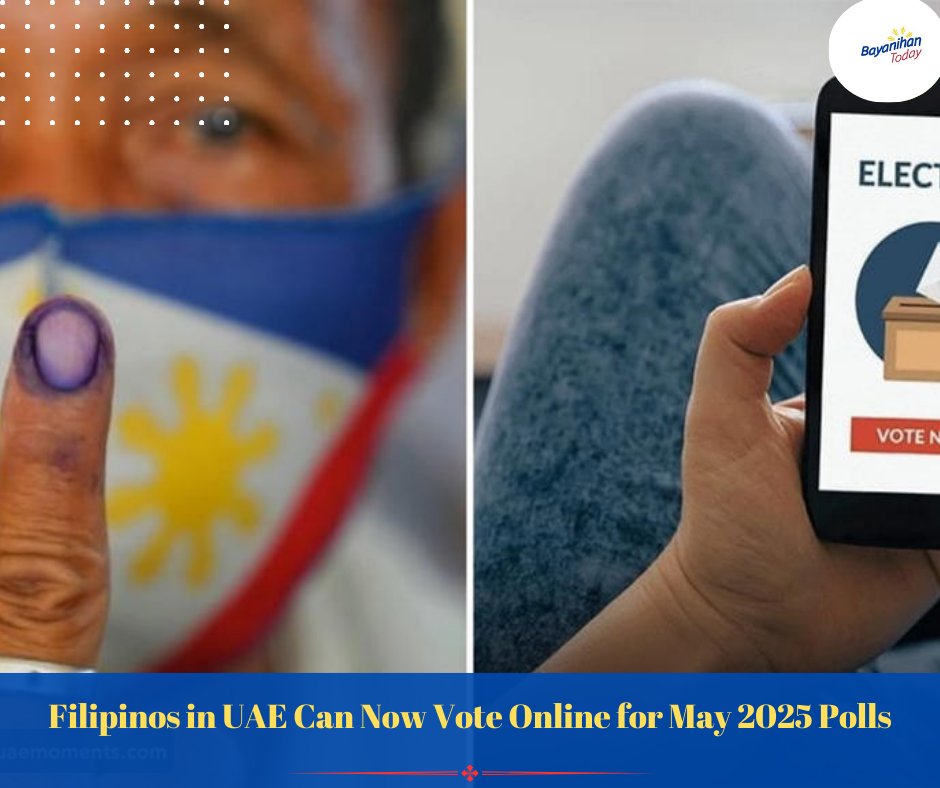 BayanihanToday's tweet photo. Big win for overseas Filipinos! 🇵🇭
Filipinos in the UAE can now vote online for the May 2025 elections. No more long lines — just a few clicks for your voice to be heard!

#OFWVotes #Halalan2025 #PinoyAbroad #UAE #EveryVoteCounts https://t.co/z04huv2e1t