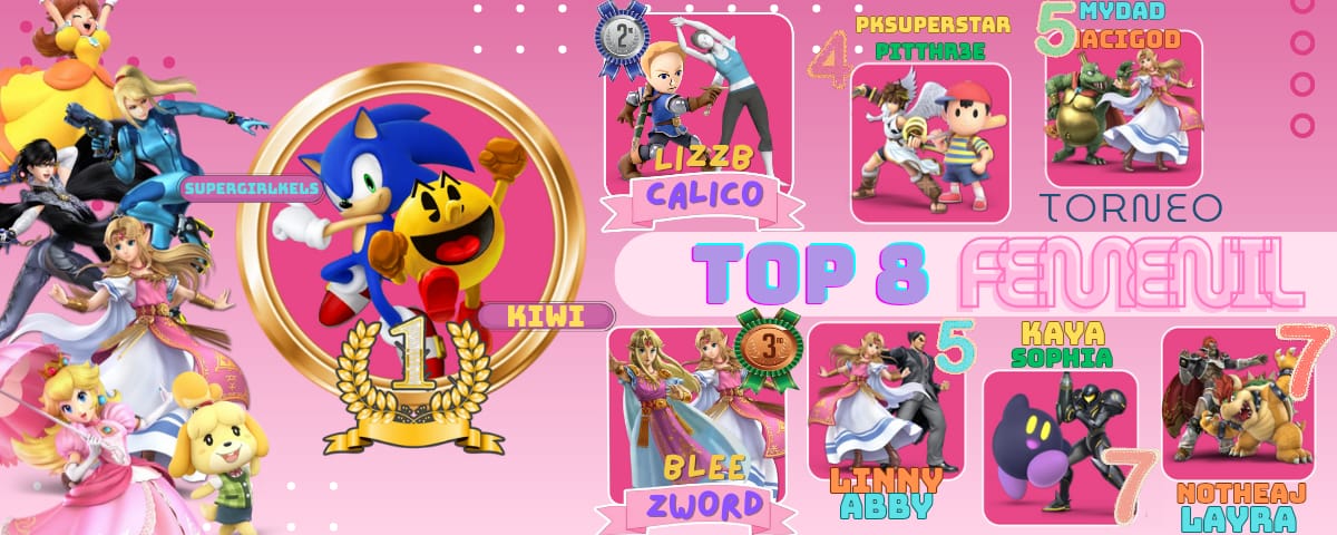 Top 8 del torneo femenil dobles TheBambiesWelt 😎 Muchas felicidades espero verlas pronto en otro torneo femenil o mixto también con buenos premios 😎👍🏻
🥇<a href="/SuperGirlKels/">SuperGirlKels</a>  y kiwi 
🥈@ lizzb y <a href="/Yellow_Calico/">🐝 Calico 🐝</a> 
🥉 <a href="/Bettyele_/">SKL | 3B Blee</a>  y <a href="/Zuldita/">SK|ÑFC Zword 🍰</a> 
Créditos al banner a mi amorcillo🥰 <a href="/venuzsx_/">Mishelle</a>