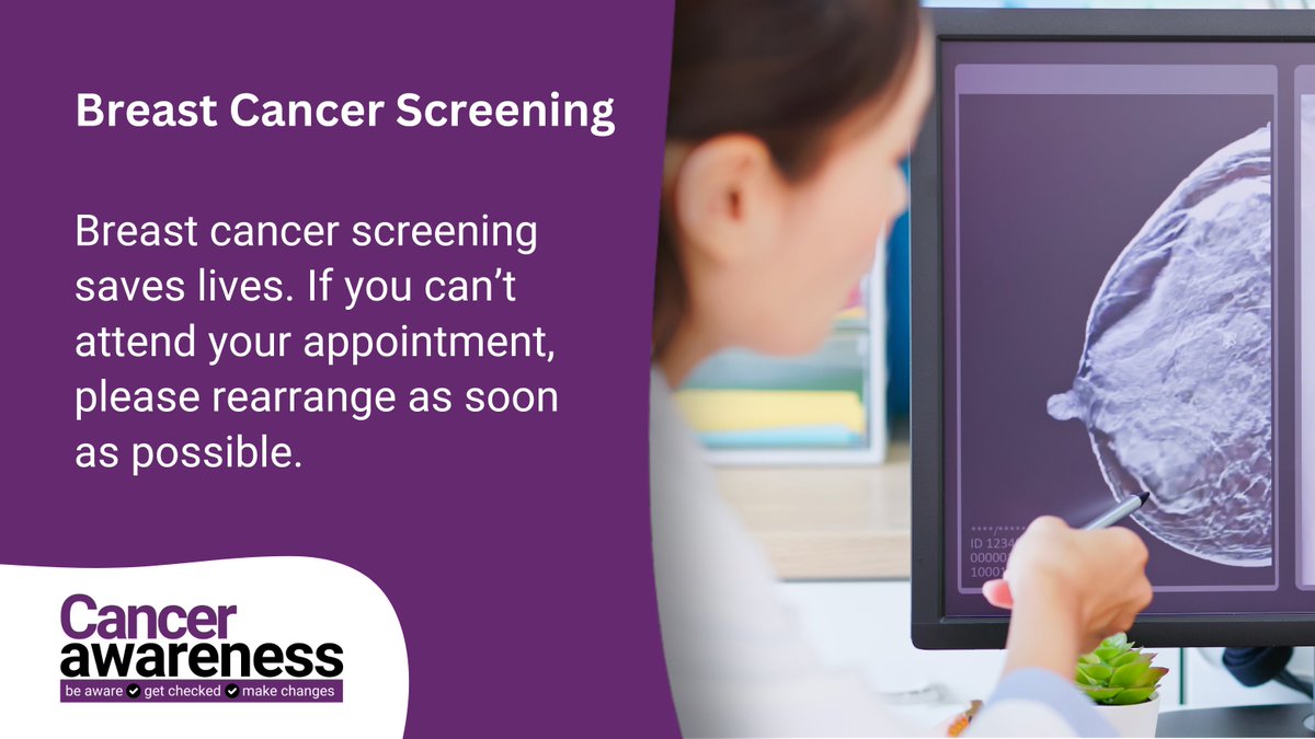 💜 Breast cancer screening saves the lives of around 1,300 women every year in the UK. 

If you have an appointment for breast screening it’s really important to attend.

If you can't attend, let the service know so you can reschedule. 

More info: nhs.uk/conditions/bre…