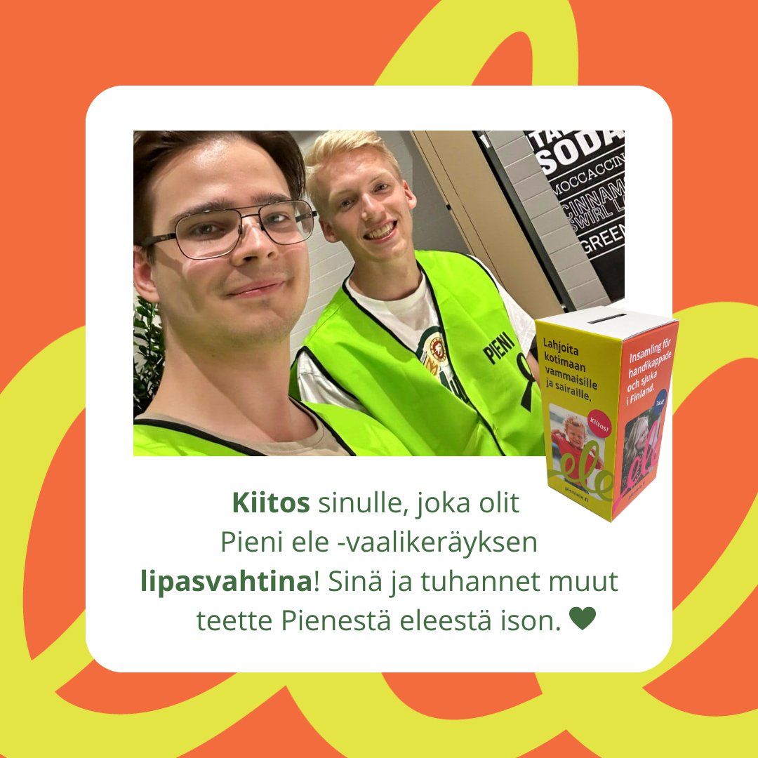 Kiitos vapaaehtoiset lipasvahdit ja vaalikeräyksen korvaamattomat apukädet. 💚
Kiitos jokaiselle lahjoittajalle.
Yhteisvoimin pieni ele muuttuu suureksi ja vaikuttavaksi.
#pieniele #vaalikeräys 💚