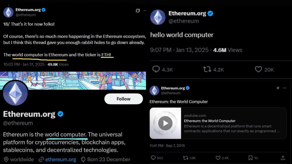 world_ethcoin's tweet photo. World Computer - $ETH 

The narrative of Ethereum when it launched is to become the world computer. 

The World Computer is Ethereum and the ticker is $ETH !

https://t.co/ekVHmbOtjf https://t.co/N1nwpSo6x6