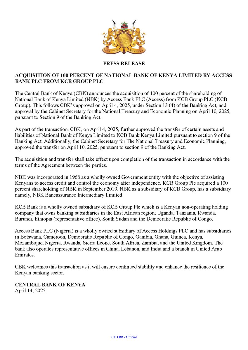 CBKKenya's tweet photo. Press Release: Acquisition of 100 Percent of National Bank of Kenya Limited by Access Bank PLC from KCB Group PLC https://t.co/ixuvx8aUcu