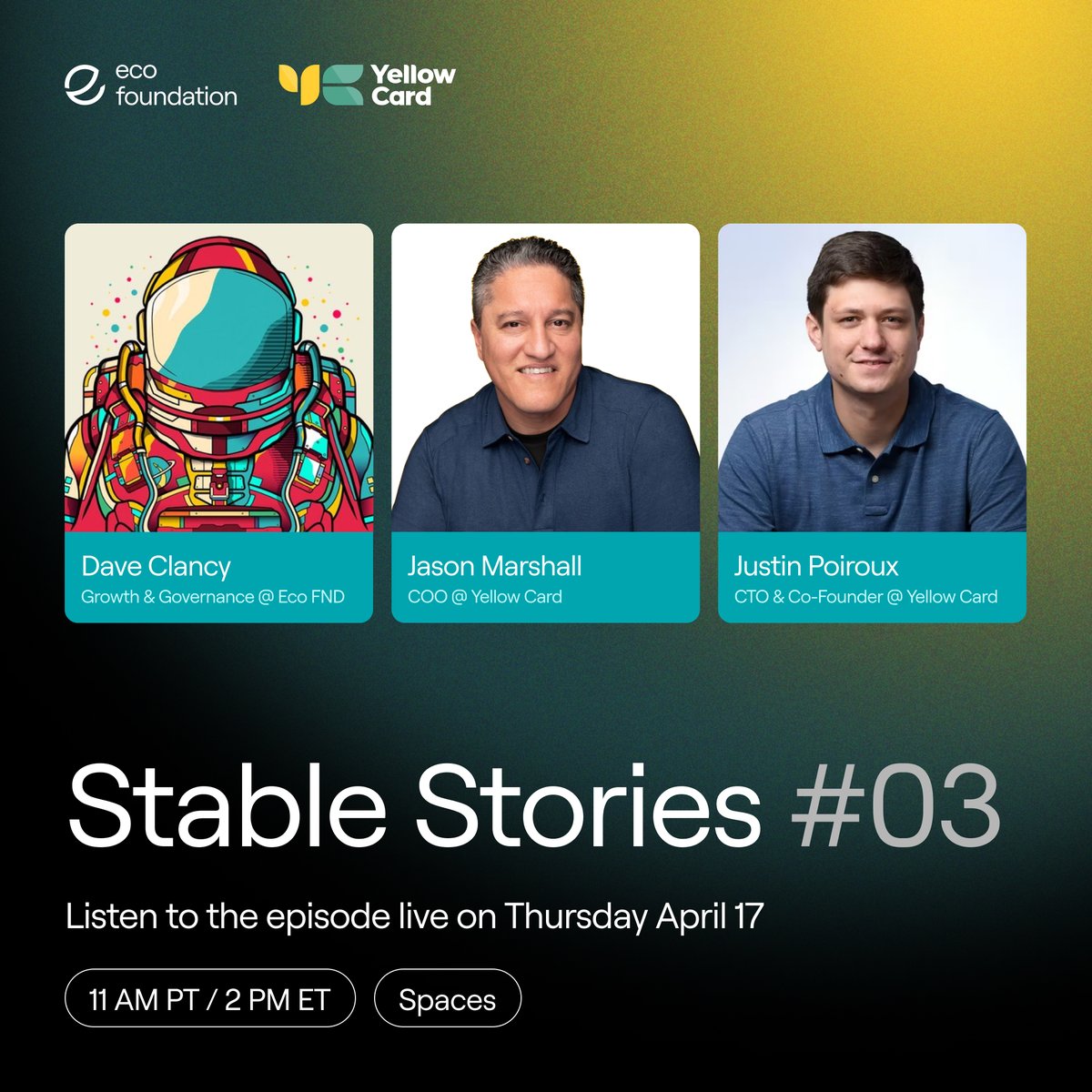 yellowcard_app's tweet photo. ๐จLIVE this Thursday!๐จ
Our CEO Jason Marshall & CTO Justin Poiroux join Dave Clancy (Eco Foundation) for Stable Stories #03 to talk stablecoins, scaling, & real-world impact.
๐
April 17 | ๐11AM PT / 2PM ET
๐๏ธ RSVP now: https://t.co/68nyYC9vlc
#StableStories #FintechLive https://t.co/PNY0Qzcqhj