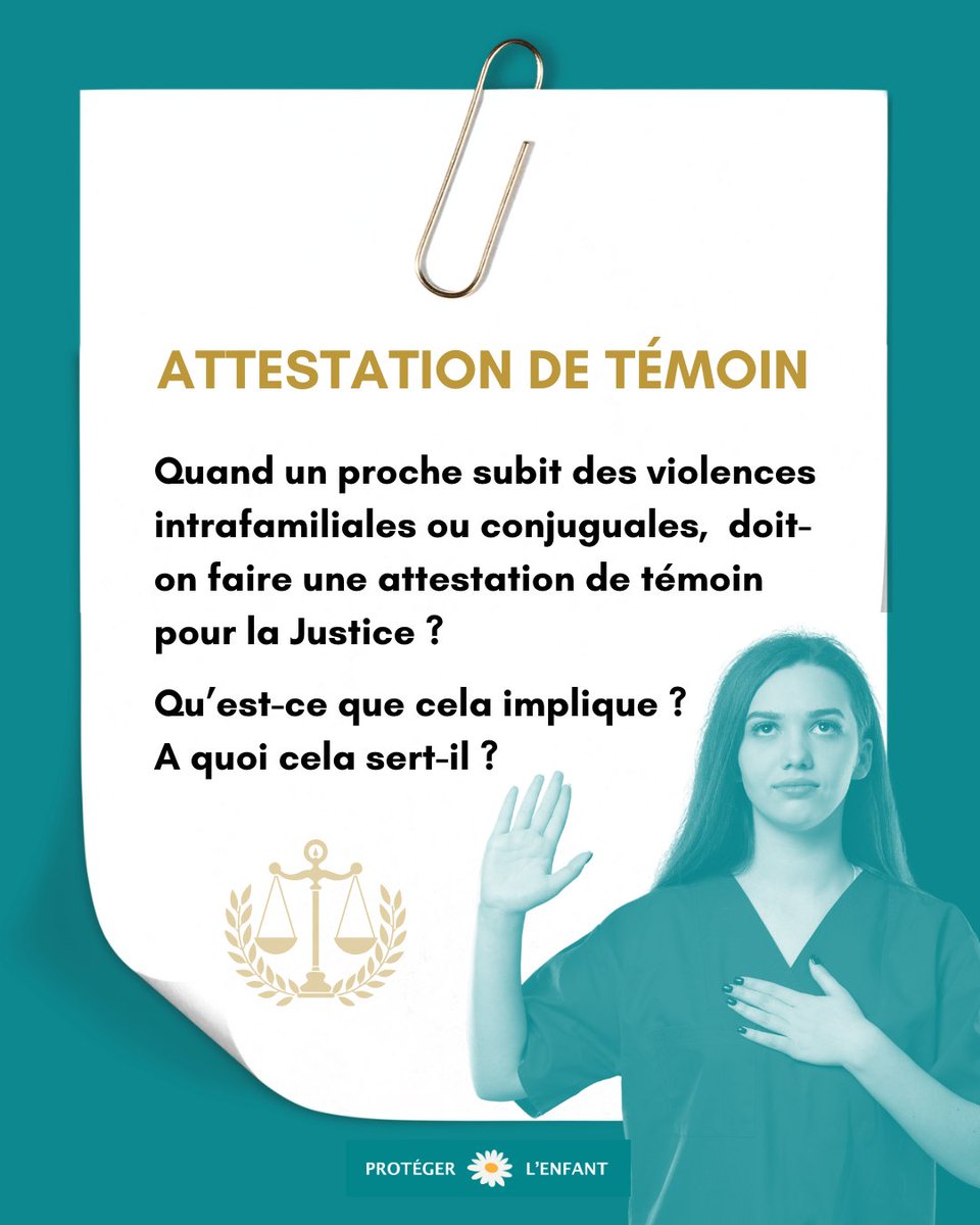proteger_enfant's tweet photo. 🔶 ATTESTATION DE TÉMOIN : un acte de soutien essentiel
Quand un proche subit des violences intrafamiliales ou conjuguales, doit-on faire une attestation de témoin pour la Justice ?
Qu’est-ce que cela implique ?
A quoi cela sert-il ?
1/12
#attestation #temoin #temoignage https://t.co/KwPmm63W1m