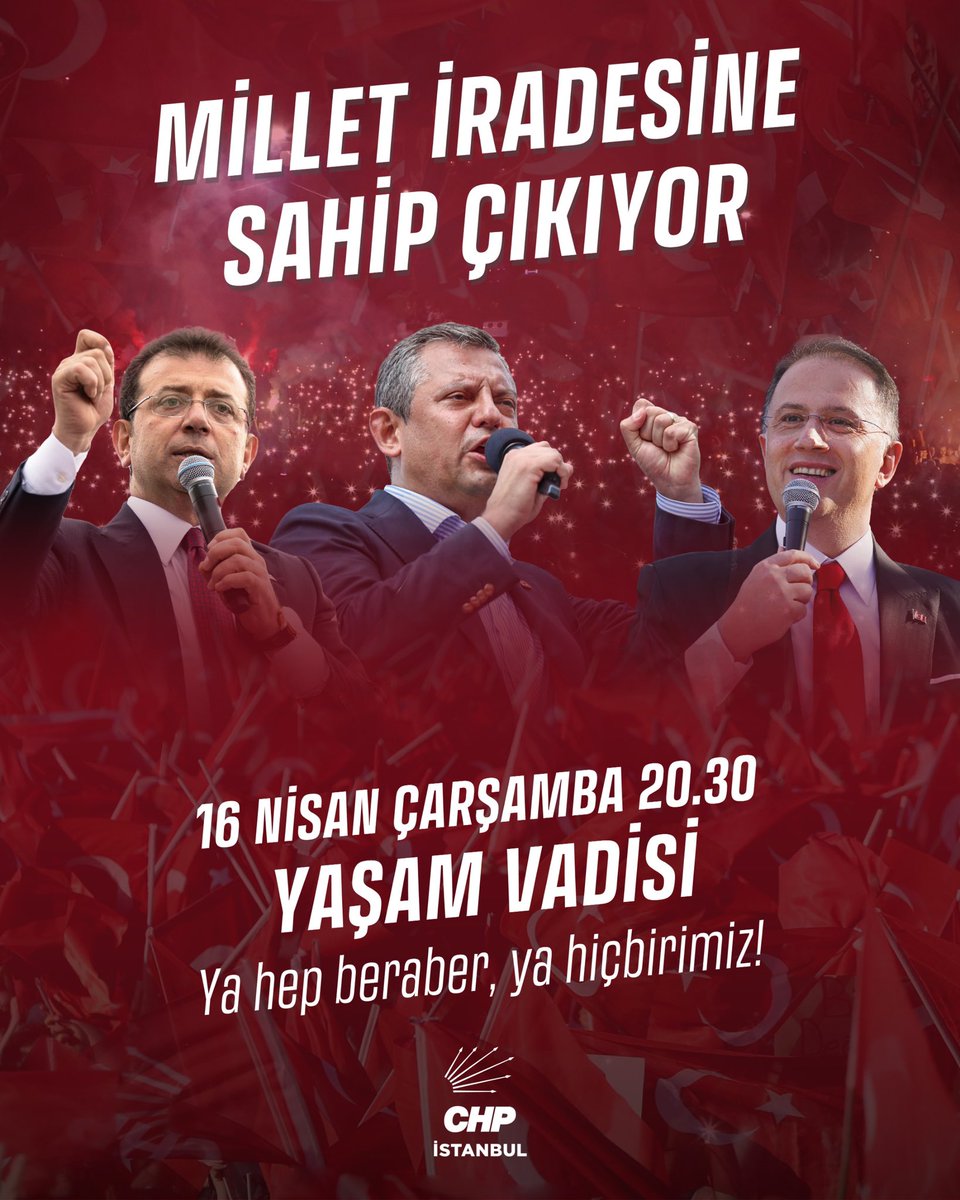 Milletimiz, iradesine ve helal oylarıyla seçtiği başkanlarına sahip çıkıyor.

Genel Başkanımız Sn. Özgür Özel ile Beylikdüzü'ndeyiz. 

Ya hep beraber ya hiçbirimiz!

🗓️16 Nisan Çarşamba
🕐20.30
📍Yaşam Vadisi