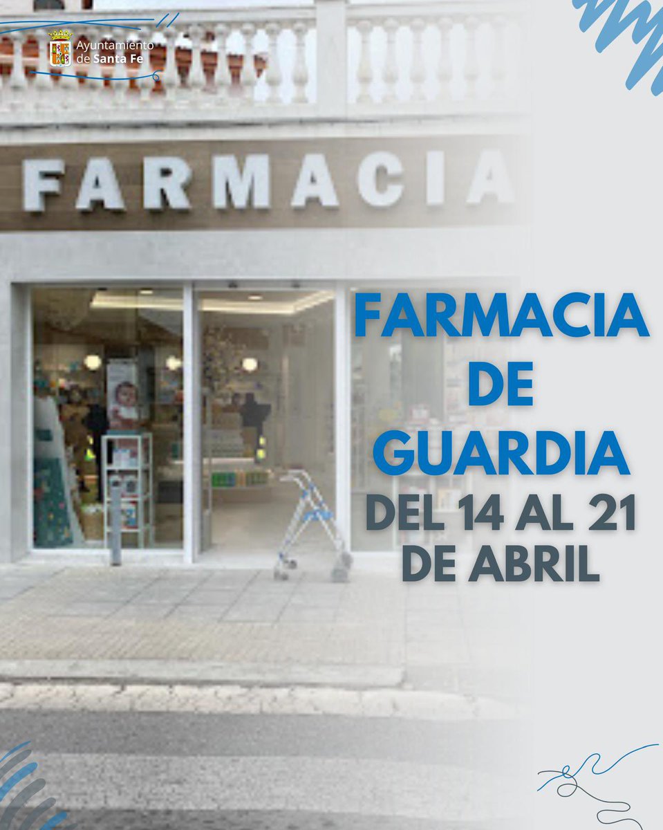 💊FARMACIA DE GUARDIA
⚕Lda. González Moles, María Luisa

🗓Del 14 al 21 de abril 
📍Calle Santa Fe de Bogotá, 26

📲958 44 02 30

#AyuntamientoDeSantaFe