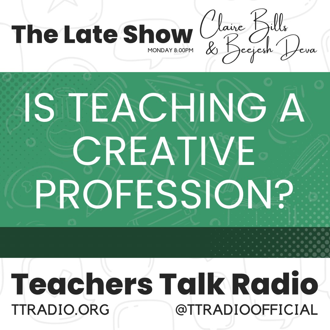 Teachers Talk Radio (@ttradioofficial) on Twitter photo Tonight, two live shows via X spaces for you...
6pm - High fives, handshakes and building relationships in schools hosted by @rogershistory with <a href="/BotonesSalgado/">Esmeralda Salgado</a> x.com/i/spaces/1nAKE…
8pm - Is teaching a creative profession? <a href="/beejdeva/">Beejesh Deva</a> and <a href="/clairelbills/">Claire Bills 🙋</a> x.com/i/spaces/1eaKb… Tonight, two live shows via X spaces for you...
6pm - High fives, handshakes and building relationships in schools hosted by @rogershistory with <a href="/BotonesSalgado/">Esmeralda Salgado</a> x.com/i/spaces/1nAKE…
8pm - Is teaching a creative profession? <a href="/beejdeva/">Beejesh Deva</a> and <a href="/clairelbills/">Claire Bills 🙋</a> x.com/i/spaces/1eaKb…