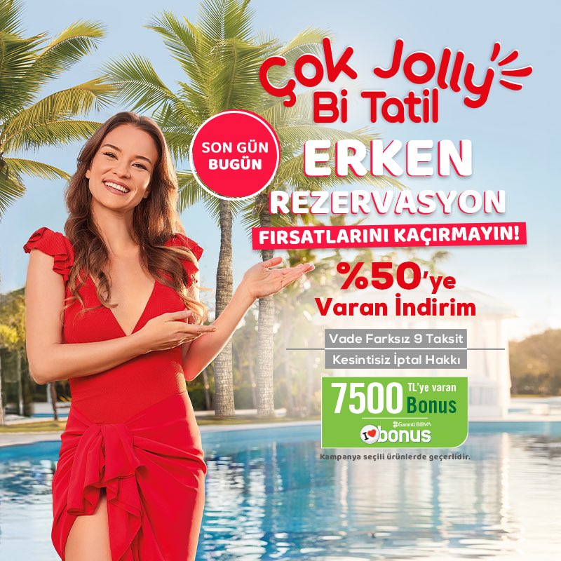 ⏳ SON GÜN BUGÜN! 🏖️✨

 Erken rezervasyonun en kazançlı zamanı! %50’ye varan indirimlerle tatilinizi garanti altına alın! 💼✈️

 📌 En popüler otellerde yerinizi hemen ayırtın, fırsatlar tükenmeden siz de avantajı yakalayın!

 💚 Bonus’a özel 7.500 TL’ye varan Bonus Puan ve %5