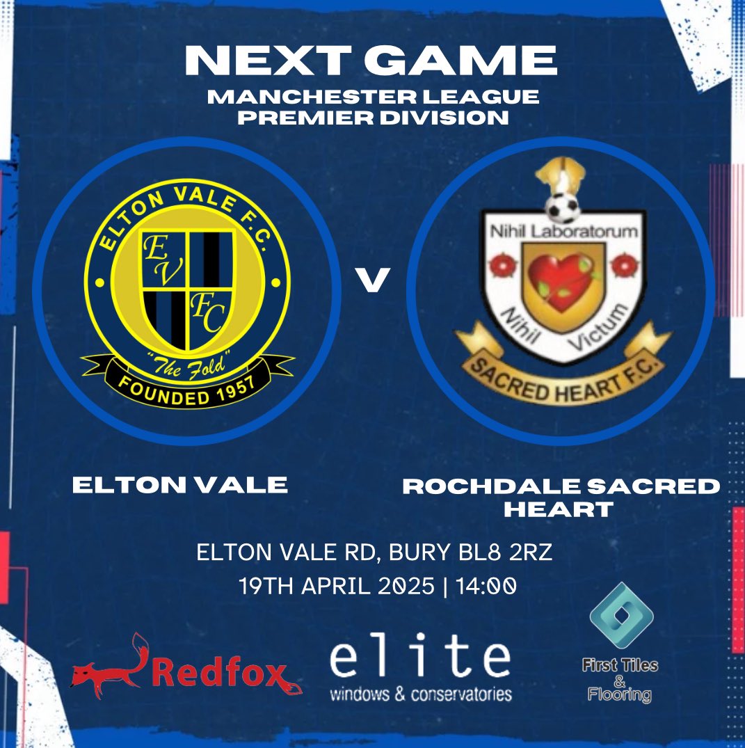 Elton Vale FC (@eltonvalefc) on Twitter photo 1st Team will be playing host to favourites for the title <a href="/SacredHeartFC/">Rochdale Sacred Heart FC</a> down at Vale on Saturday afternoon !
Reserve team have another Saturday with no fixture !
Please get down and support if you can ! 🤝
#UTV🔵⚫️ 1st Team will be playing host to favourites for the title <a href="/SacredHeartFC/">Rochdale Sacred Heart FC</a> down at Vale on Saturday afternoon !
Reserve team have another Saturday with no fixture !
Please get down and support if you can ! 🤝
#UTV🔵⚫️