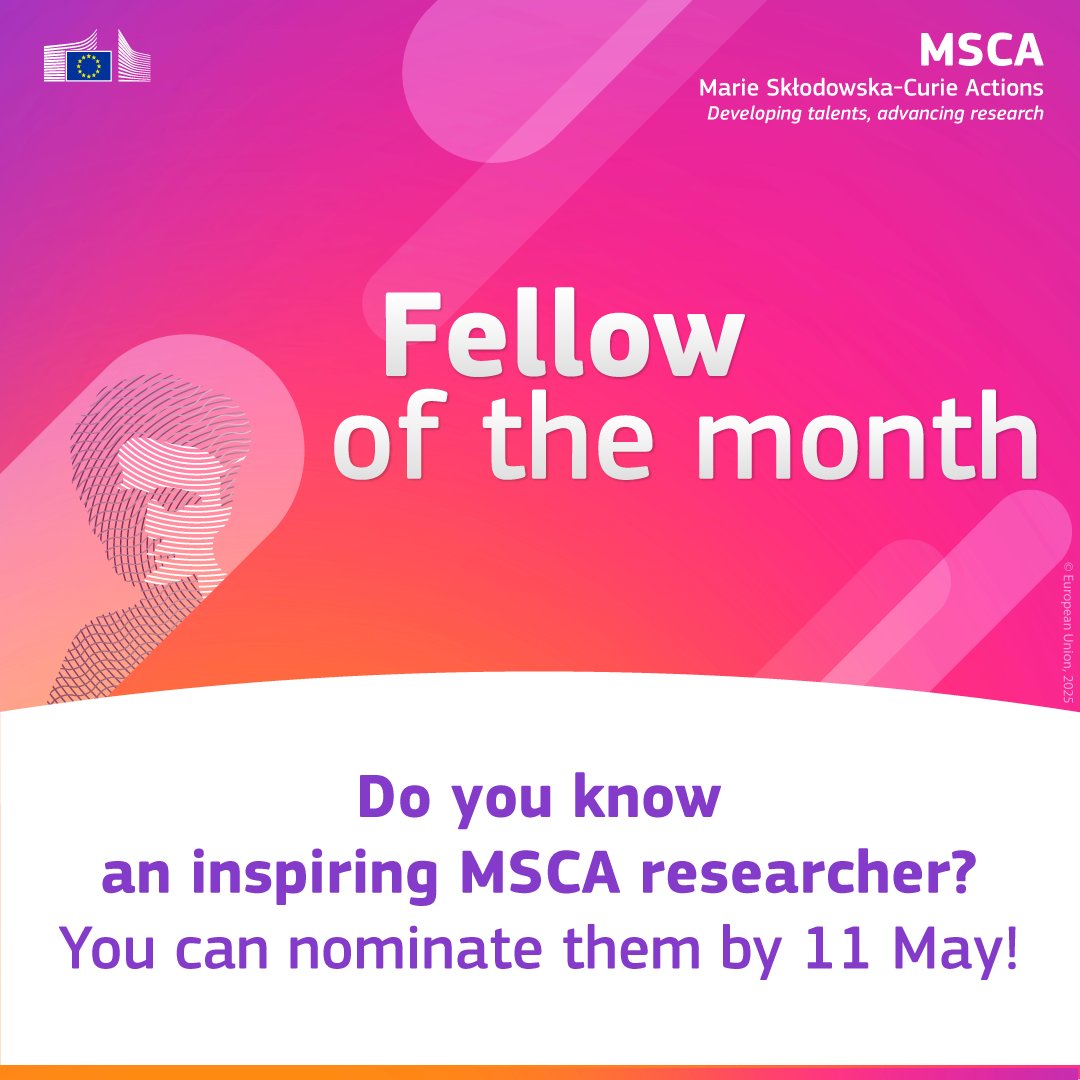 We’ll be highlighting one #MSCA researcher each month!

And the call for nominations is now open.

Nominate yourself or a deserving colleague by 11 May.
How? By filling in the following form: europa.eu/!bR496m

Don't miss the chance to be in the spotlight!