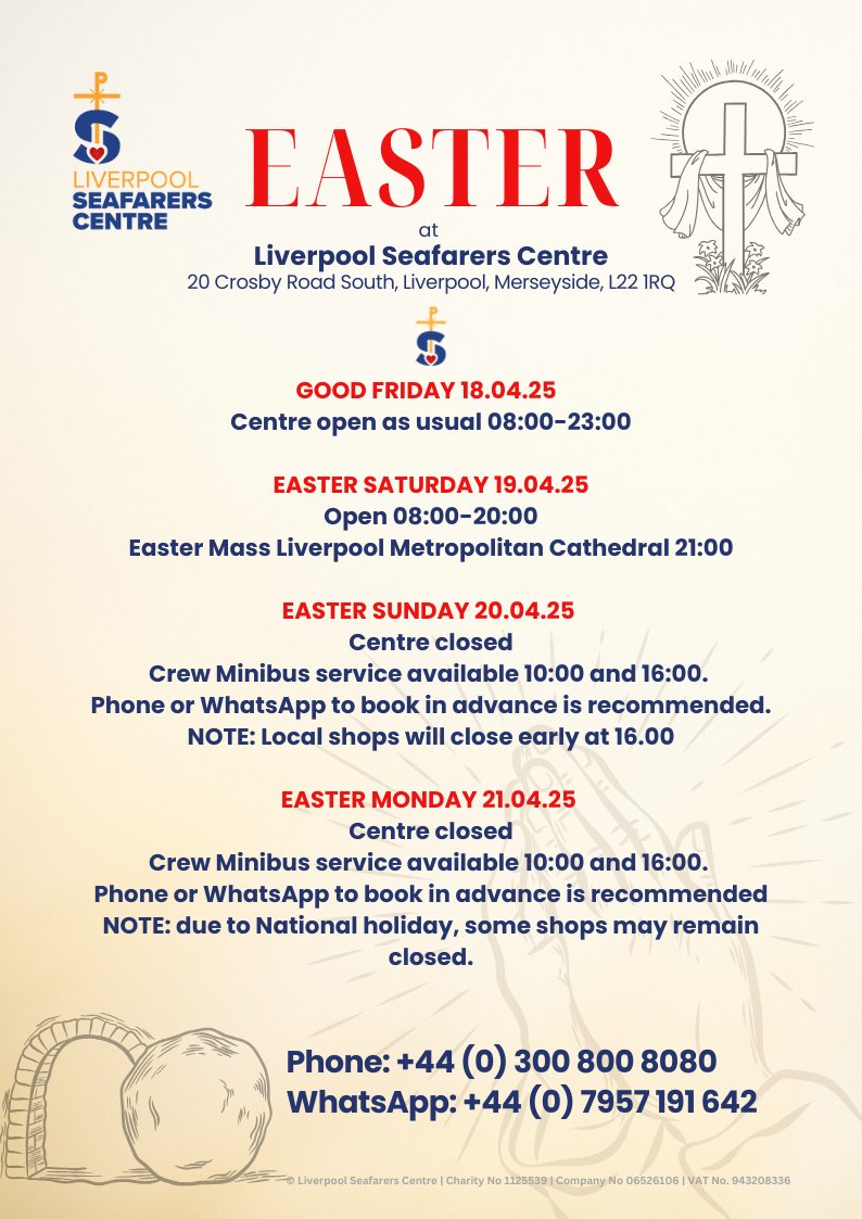 Our centre will be operating a reduced service this Easter weekend.  

Please get in touch if you would like to use our minibus service.

Thank you 

#Seafarers #Liverpool #Easter
