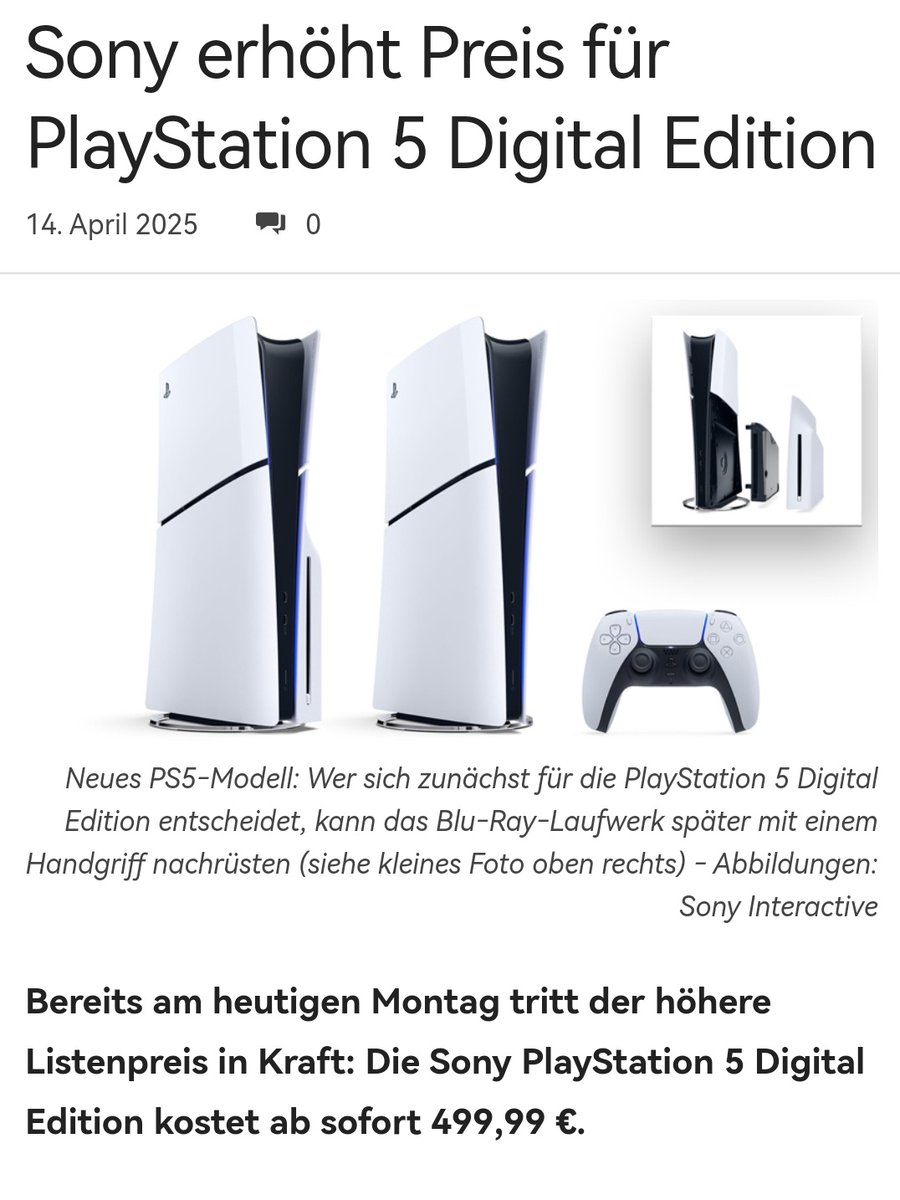 RealRGE's tweet photo. Sony erhöht über Nacht einfach mal den Preis der PS5 Digital Edition auf 500€. Ich erinnere mich noch an Zeiten, in denen Konsolen über Zeit billiger wurden und nicht teurer. Wild. https://t.co/kcb6BcT4sf