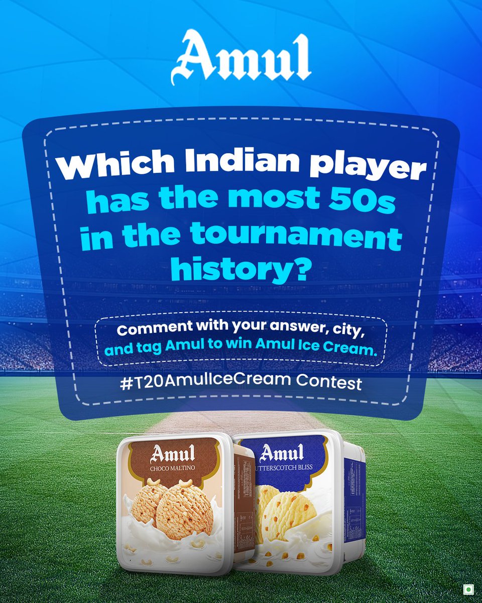 #ContestAlert 

Your answer could win you a tub! Comment below with your answer, city, tag <a href="/Amul_Coop/">Amul.coop</a> and use #T20AmulIceCream 
*T&amp;C apply.

#AmulIceCream #CricketSeason #OfficialPartner #GameOnTohIceCreamOn