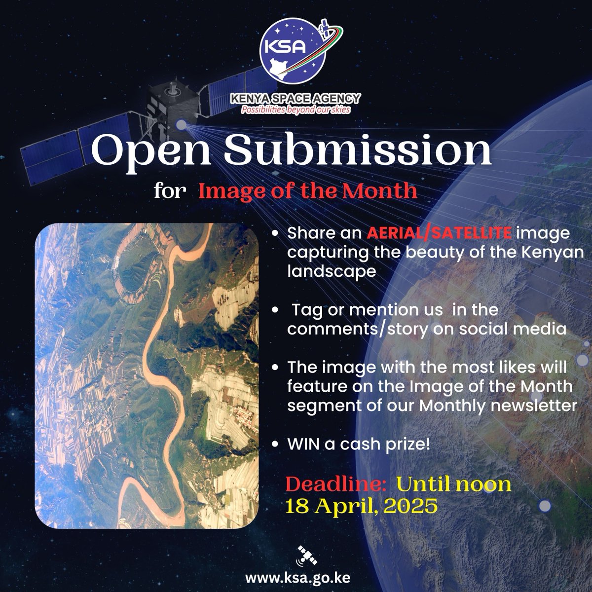 🚀 EXCITING OPPORTUNITY!

We invite you to share your best aerial or satellite image showcasing Kenya’s stunning landscape for a chance to be featured in our 10th Newsletter Edition and win a cash prize! 📸

Tag/mention us in your post and the image with the most likes wins!

📅