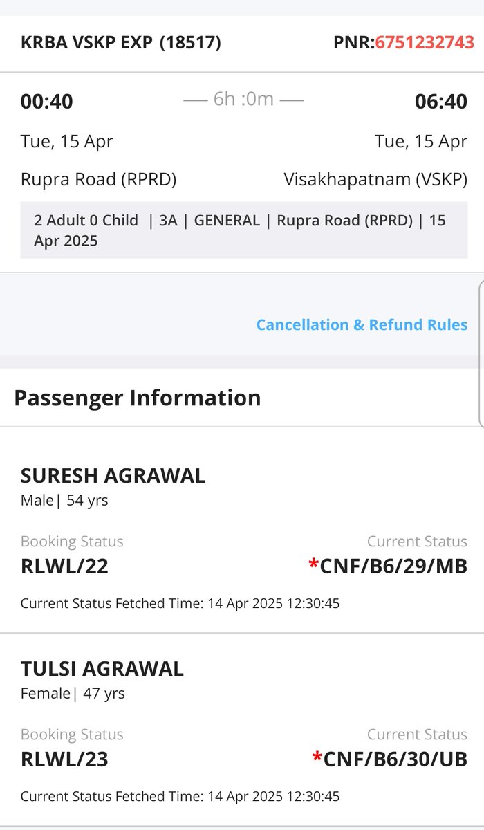 a__y_u_s__h's tweet photo. @DRMSambalpur @EasternRailway @RailMinIndia 
Kindly Consider Arrival of train no. 18517 Visakhapatnam express on platform no.1 At RUPRAROAD railway station Tonight. My Father got multiple fractures in his ankle and travelling for the surgery , currently he is unable to walk. https://t.co/zVP1QbOA4g