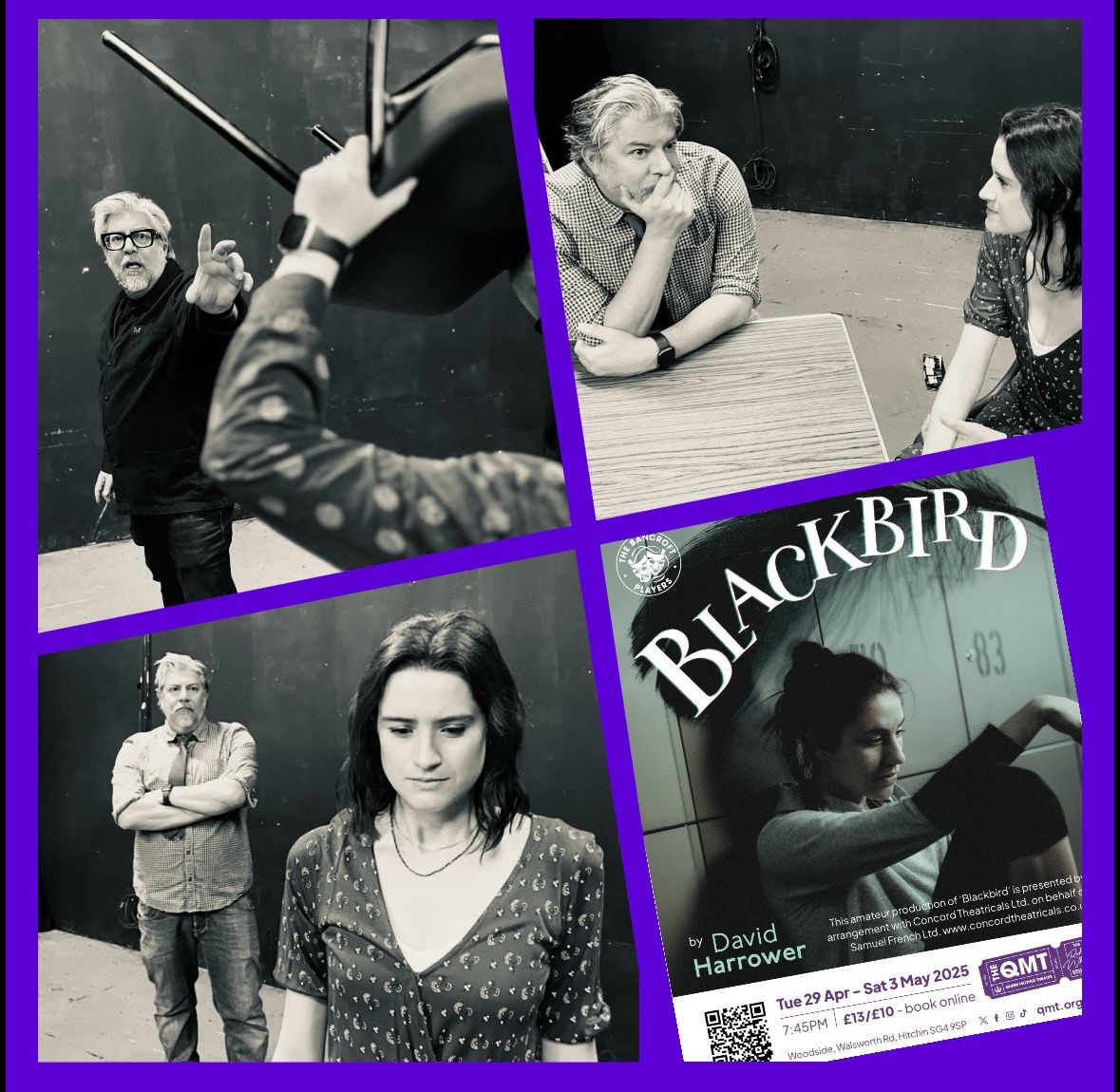 COMING SOON to the QMT studio theatre in Hitchin - BLACKBIRD by DAVID HARROWER. Some rehearsal photos of our revival of this award winning and controversial play. Get your tickets!! 

qmt.org.uk/production/bla… 

🗓️- 29 April to 3 May

#blackbird #hitchincreative #QMT #hitchin