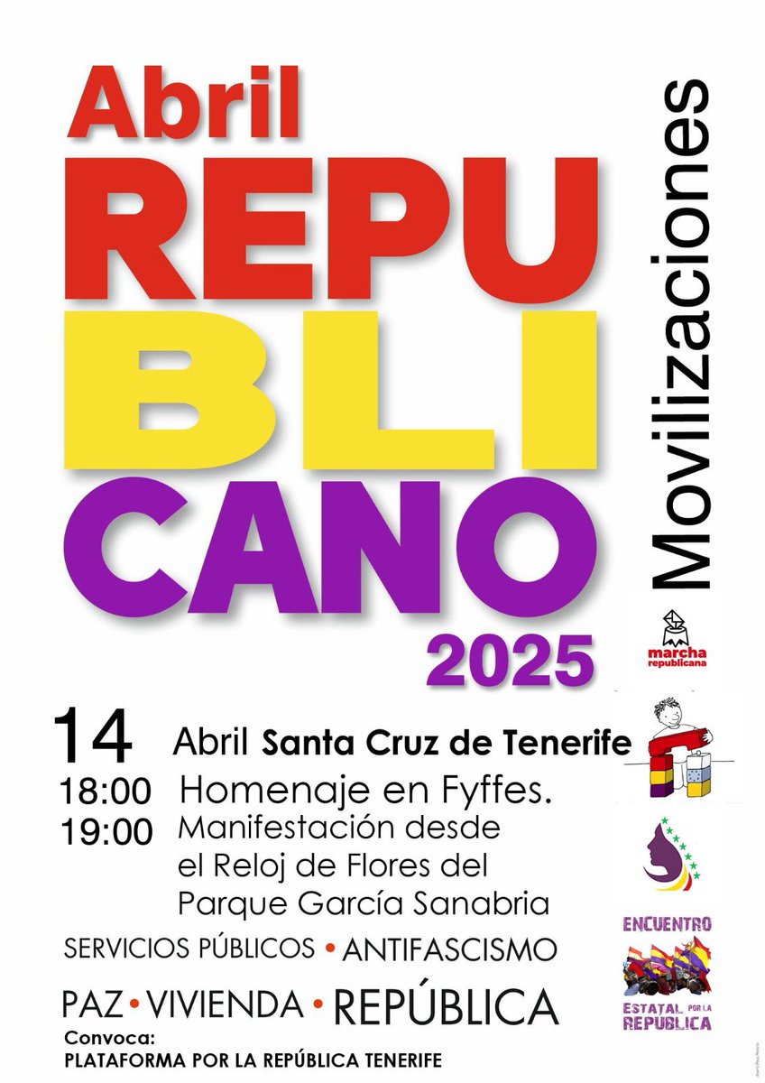 💜💛❤️
Todas tenemos una cita a las 18:00h en la escultura de Homenaje a los represaliados en Fayffes (Rambla junto al Chapatal) y/o a las 19:00h en el reloj de flores del Parque García Sanabria para la manifestación.🪻🪻🪻
No falten!! Allí nos vemos #FelizRepublica