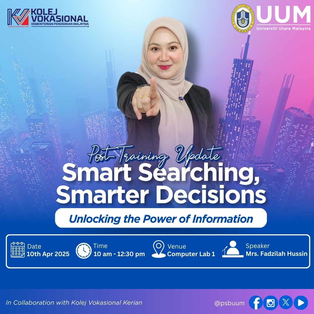 psbuum's tweet photo. 10th April 2025
10:00 a.m – 12:30 p.m
LIBRARY TRAINING
Module: Smart Searching, Smarter Decisions: Unlocking the Power of Information
Participants: Students (Kolej Vokasional Kerian)
Organizer: Perpustakaan Sultanah Bahiyah
In Collaboration with: Kolej Vokasional Kerian https://t.co/ukvybSsWWt