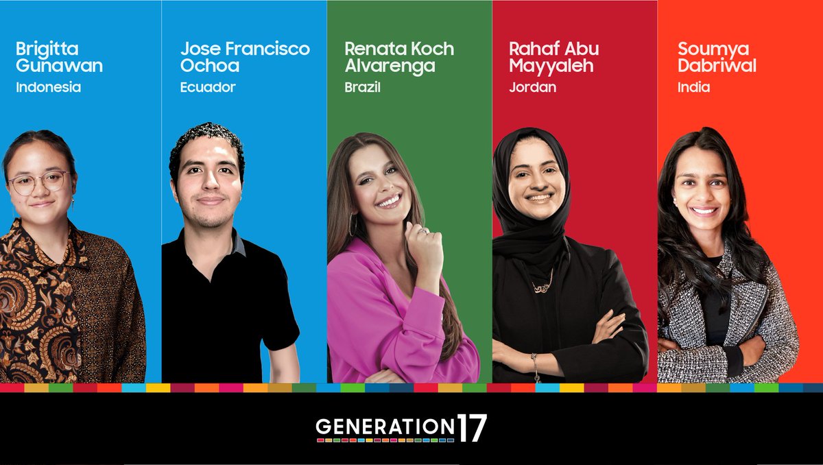 UNDP's tweet photo. 📣 Excited to announce with @SamsungMobile 🆕 members of #Generation17!

5 young leaders from Indonesia, Ecuador, Brazil, Jordan &amp; India join our community of young changemakers to advance the #GlobalGoals.

Welcome Brigitta, José, Renata, Rahaf &amp; Soumya. https://t.co/acvhdBgDE2 https://t.co/nNwPtEvTol