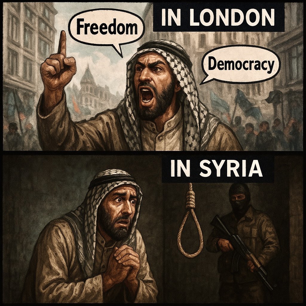 Roots_of_Truth's tweet photo. In London, they shout “freedom” and “democracy”.
In Damascus, those same words would put a noose around their neck.
And yet — they dream of turning London into Damascus. https://t.co/blr2Sfoxiu