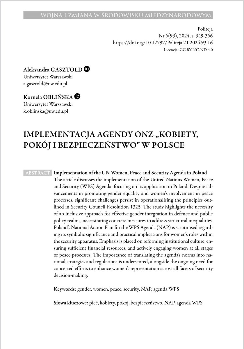 👊Już dostępny online! Zapraszam do lektury! Wspólnie z dr K. Oblińską <a href="/WNPiSM/">WNPiSM UW</a> <a href="/UniWarszawski/">Uniwersytet Warszawski</a> <a href="/WiisPoland/">WIIS Poland</a> analizujemy implementację Agendy ONZ Kobiety, Pokój i Bezpieczeństwo w Polsce #badania #kobiety #bezpieczeństwo #AgendaWPS @R1325 🔗journals.akademicka.pl/politeja/artic…
