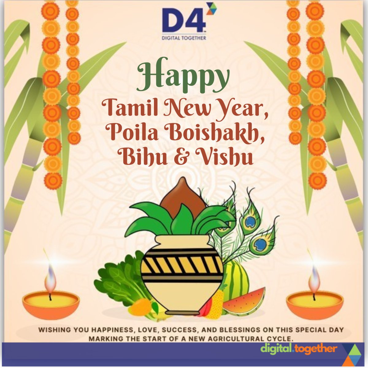 D4Insight's tweet photo. Wishing all a joyful Tamil New Year, Poila Boishakh, Bihu &amp; Vishu! May these festivals bring happiness, prosperity, &amp; fresh energy into your lives. 🌞🌾🌼#TamilNewYear #PoilaBoishakh #Bihu #Vishu #Festivities #CulturalCelebration #DigitalTransformation #DigitalTogether @D4Insight https://t.co/rN8EEXS62M