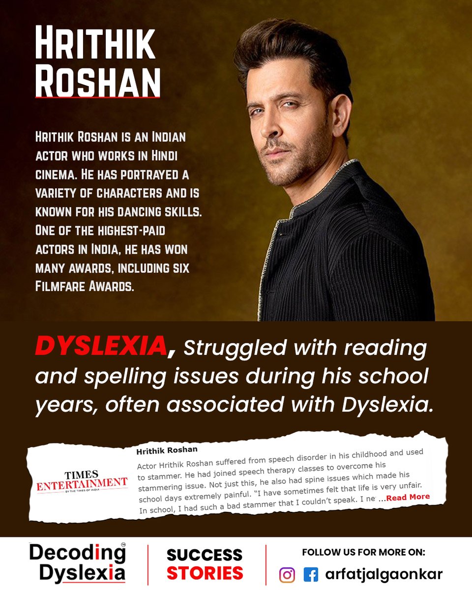 OfficiallyArfat's tweet photo. The story of Hrithik Roshan serves as a potent reminder of perseverance. He experienced reading and spelling difficulties as a child, which are frequently linked to dyslexia.
#dyslexia #decodingdyslexia #dyslexiasupport #dyslexiaawareness #officiallyarfat #arfatjalgaonkar https://t.co/erKCaJm51W