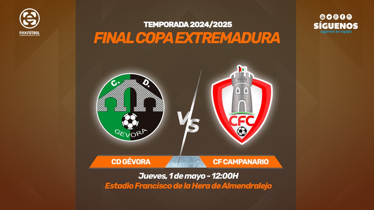 🏆 | #CopaExtremadura |

📣 ¡Ya a la venta las #ENTRADAS para la gran FINAL de la 𝐂𝐨𝐩𝐚 𝐄𝐱𝐭𝐫𝐞𝐦𝐚𝐝𝐮𝐫𝐚 2024/2025! 🏆⚽

<a href="/CdGevora/">Cʟᴜʙ Dᴇᴘᴏʀᴛɪᴠᴏ Gᴇ́ᴠᴏʀᴀ</a> 🆚 <a href="/CFCAMPANARIO/">CF Campanario</a> 

🗓️ Jueves, 1 de mayo
🕛 12:00H
🏟️ Estadio Fco. de la Hera (Almendralejo)

🎟️ ¡𝐄𝐧𝐭𝐫𝐚𝐝𝐚𝐬 𝐲𝐚