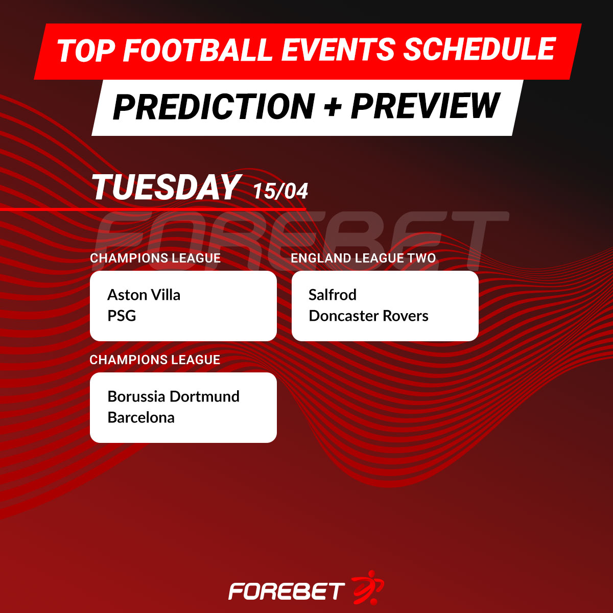 Forebet's tweet photo. The semi-finalists in the three european tournaments will be decided this week! 💥🏆
#forebet #topevents https://t.co/E4cdAwSf6K