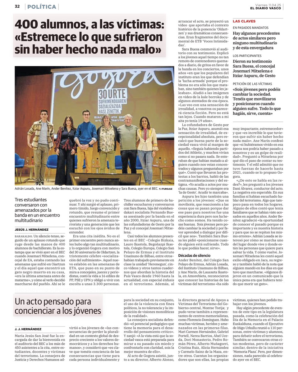 «Estremece lo que sufrieron sin haber hecho nada malo»

Esta reflexión de los estudiantes que escucharon el testimonio de víctimas de #ETA refleja la crueldad y la soledad que vivieron tantas víctimas, sobre todo en Euskadi.

Un acto con 400 alumnos muy necesario⬇️

#Memoria